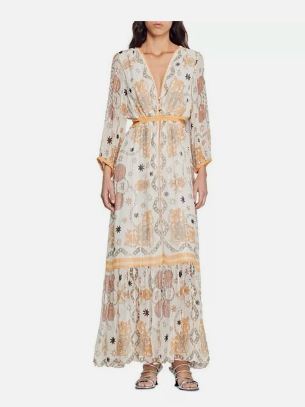 Sandro Valldemossa Metallic Scarf Print Maxi Dress 38